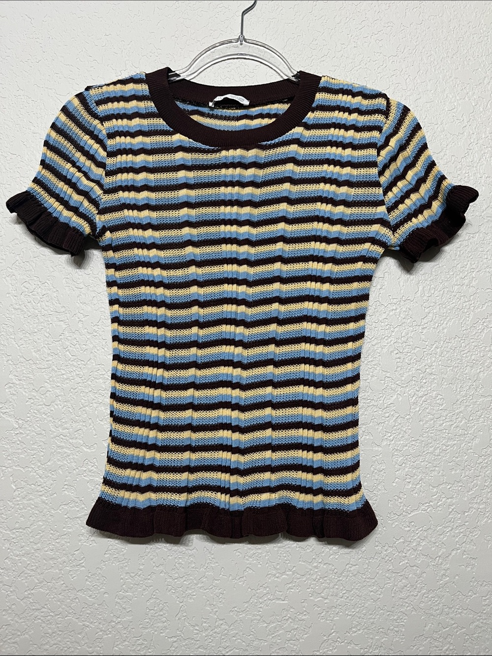 Zara Women’s Small Knitted Ruffle Sleeve Top With Brown & Light Blue Stripes